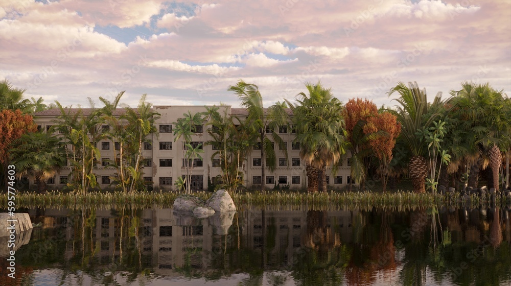 Fototapeta premium house in the jungle on the river bank, 3D illustration, cg render