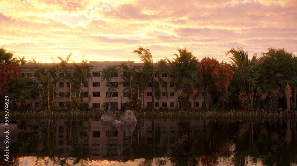 Fototapeta premium house in the jungle on the river bank, 3D illustration, cg render