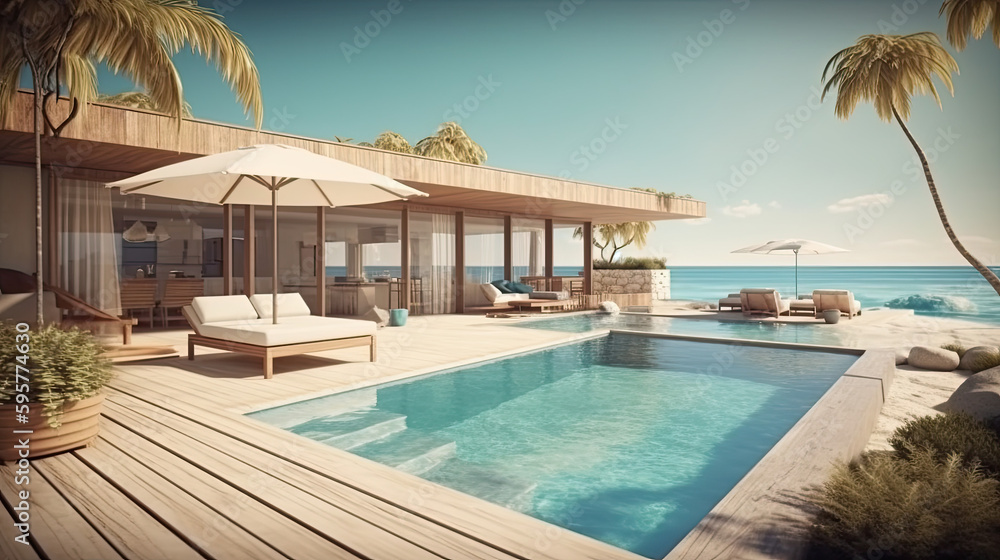 illustration of pool and villa resort or beach house. sun loungers on Sunbathing deck and private swimming pool with sea view at luxury villa resort