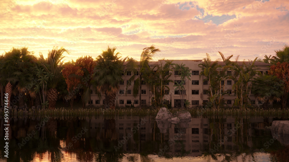 Fototapeta premium house in the jungle on the river bank, 3D illustration, cg render