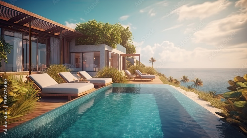 Fototapeta premium illustration of pool and villa resort or beach house. sun loungers on Sunbathing deck and private swimming pool with sea view at luxury villa resort