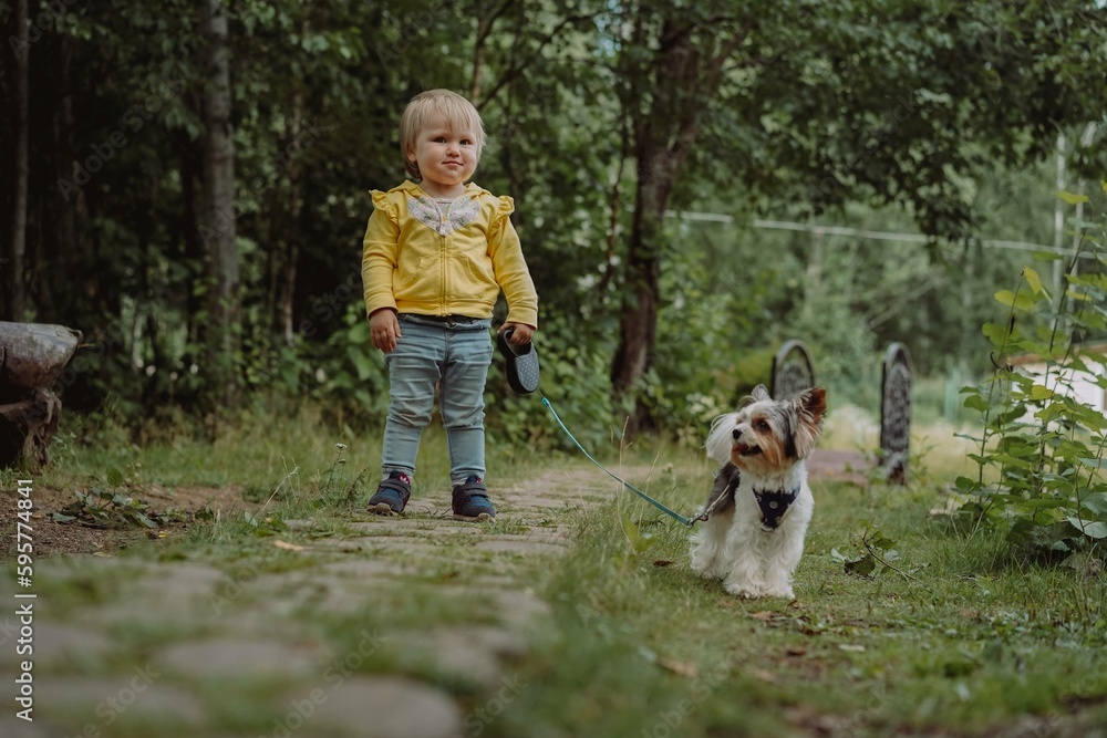 cute baby girl walking yorkshire dog. Kids and pets concept