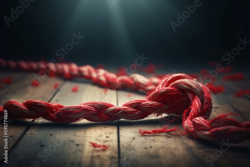 Illustration of taut tug-of-war rope with red ribbon tie. Generative AI