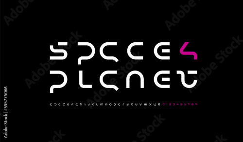 Technology science font, digital cyber alphabet made futurism style, Latin lowercase letters A-Z and Arab numerals 0-9 space style