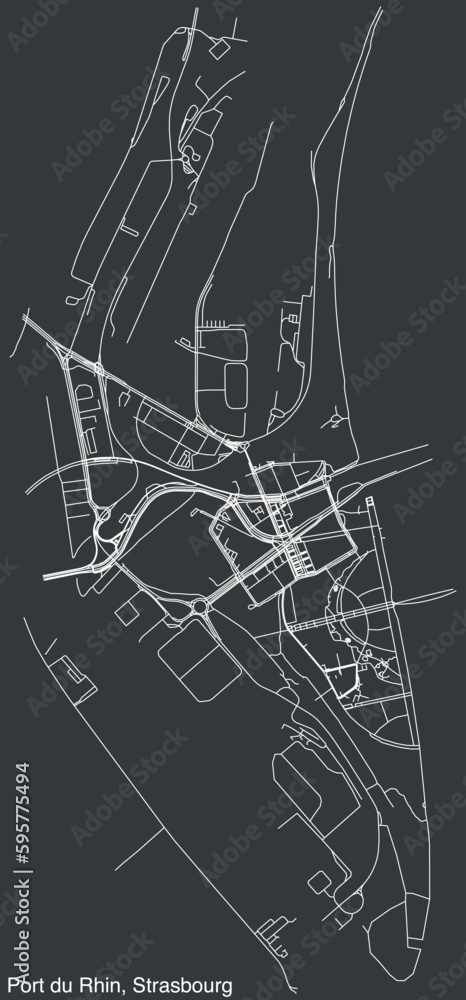 Detailed hand-drawn navigational urban street roads map of the PORT DU RHIN DISTRICT of the French city of STRASBOURG, France with vivid road lines and name tag on solid background