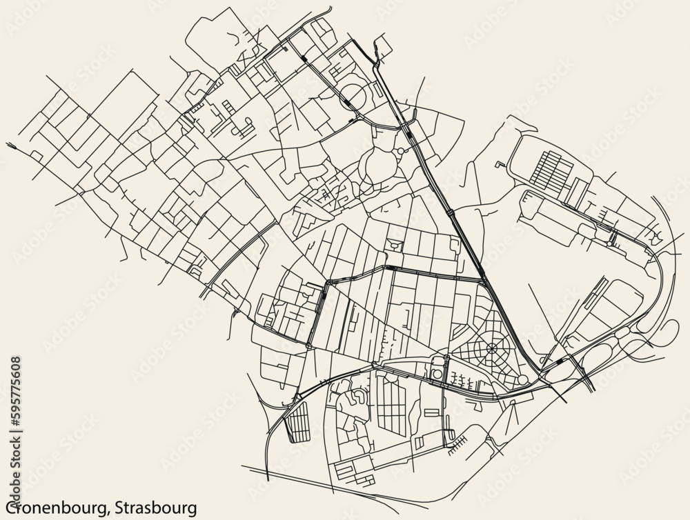 Detailed hand-drawn navigational urban street roads map of the CRONENBOURG DISTRICT of the French city of STRASBOURG, France with vivid road lines and name tag on solid background