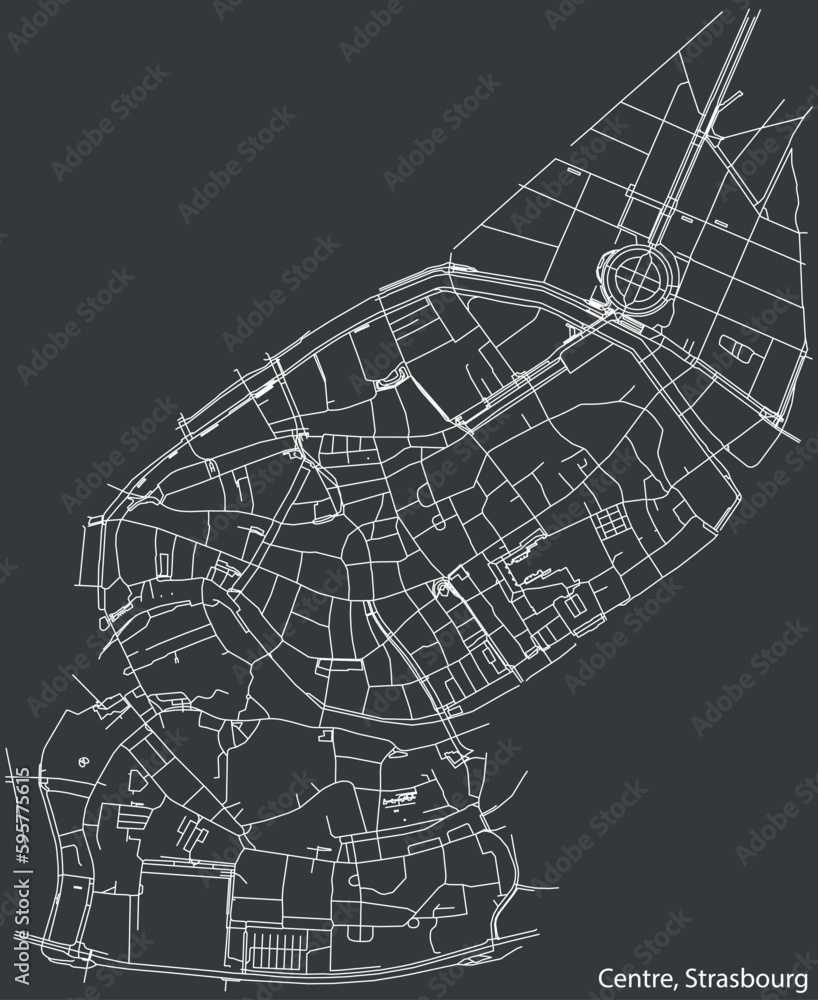 Detailed hand-drawn navigational urban street roads map of the CENTRE VILLE DISTRICT of the French city of STRASBOURG, France with vivid road lines and name tag on solid background