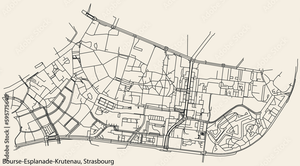 Detailed hand-drawn navigational urban street roads map of the BOURSE-ESPLANADE-KRUTENAU DISTRICT of the French city of STRASBOURG, France with vivid road lines and name tag on solid background