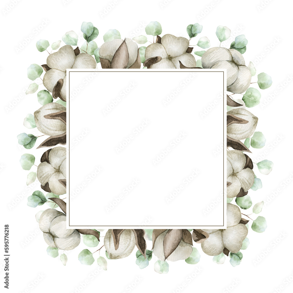 Cotton flowers, green leaf and branches eucalyptus. A round frame of ...