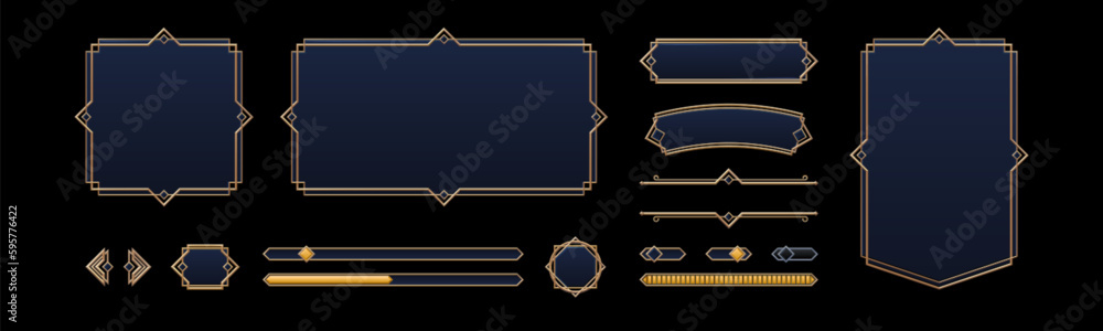 Obraz premium Game UI elements with gold frames in medieval style. Buttons, banners different shapes, progress bar, arrows and sliders with fantasy metal border, vector cartoon set