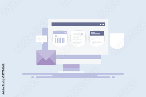 Marketing software business intelligence tracking and analysing content performance on dashboard on computer screen, vector illustration web banner template.