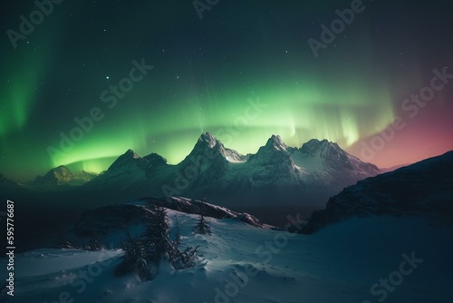 Winter mountains illuminated by the Aurora Borealis against a green sky with room for text. Generative AI