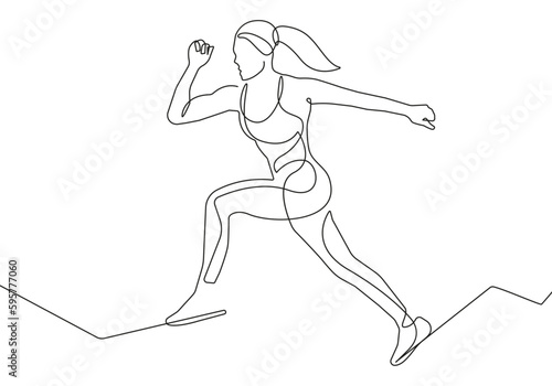 Woman Runner One Line Drawing. Running Abstract Minimal Drawing. Continuous One Line Woman Run Sport Illustration. Modern Trendy Contour Drawing. Vector EPS 10. 