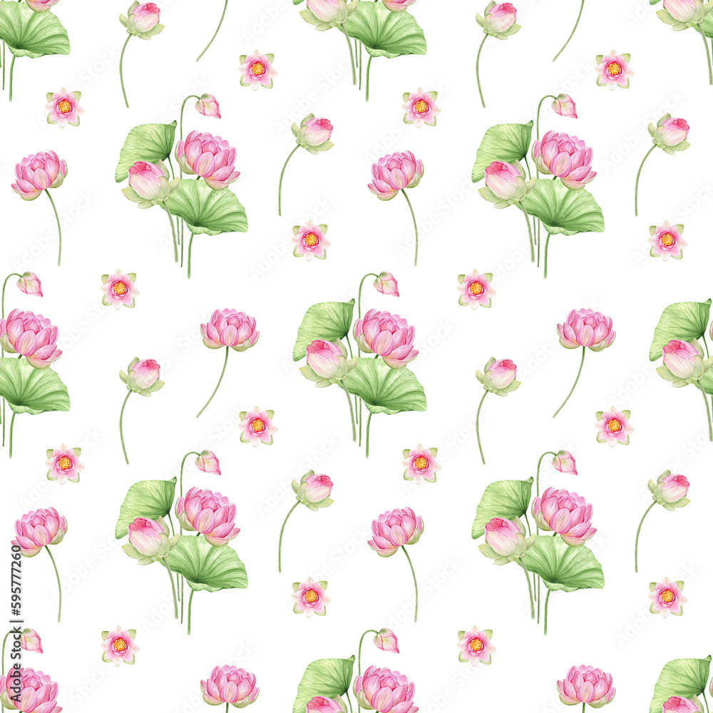 Pink lotus flowers and leaves. Watercolor seamless pattern on white background. Chinese water lily. For fabrics, packaging paper, scrapbooking, wallpaper and other items.