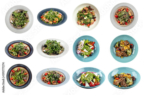 Collage of isolated assorted restaurant salads