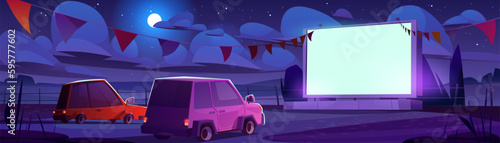 Night drive in outdoor cinema parking illustration. Theater festival with garland for auto on big screen. Air entertainment event for watching film in car outside in summer. Modern video performance