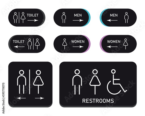 Set toilet signs. Men and women restroom icon sign right arrow. Disabled wheelchair icon. vector illustration
