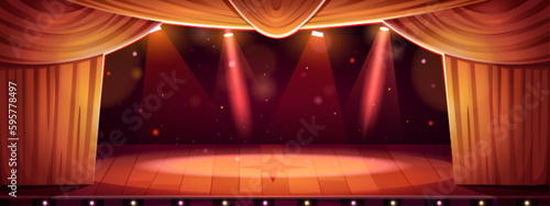 Theater concert stage with curtain cartoon scene background. Opera show spotlight in empty school hall for comedy performance. Open platform for opera play with magic bokeh sparkles light in center