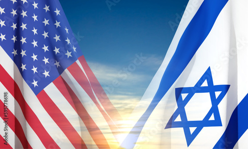 Flag of USA and Israel on background of sky. EPS10 vector