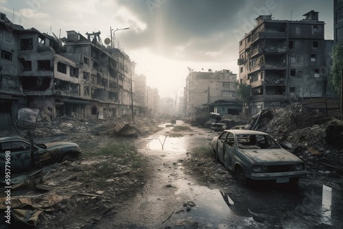 Devastated urban landscape caused by conflict. Generative AI