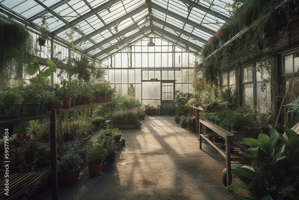 Interior of a professional greenhouse. Generative AI