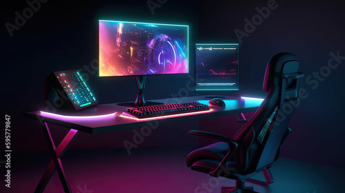 Modern gamer computer desk setup with RGB lights on background. Desktop mockup computer