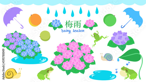 梅雨のイラストセット。フラットなベクターイラスト。
Illustration set of rainy season. Flat designed vector illustration.