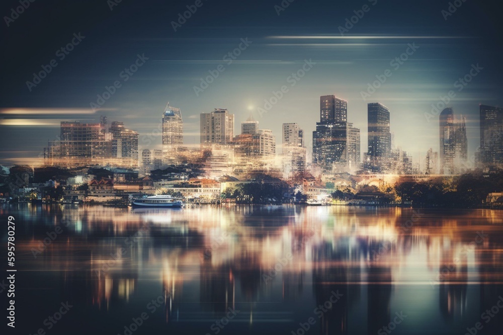 Abstract urban cityscape graphic with blurred skyline and river, inspired by Chao Phraya River in Thailand. Generative AI