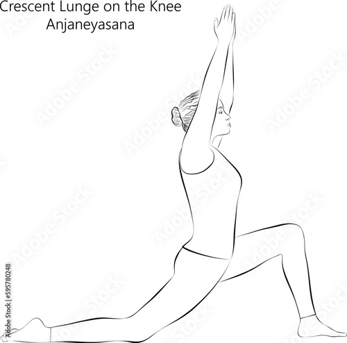 Sketch of young woman practicing yoga, doing Crescent Lunge on the Knee or Low Lunge pose or Anjaneyasana. Standing and Balancing. Beginner. Vector illustration isolated on transparent background.