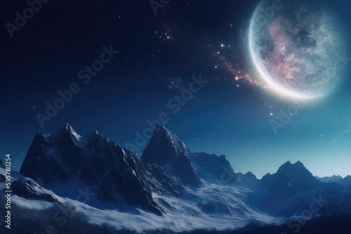Winter scene with a majestic mountain peak, a star-filled sky, nebula and comet. Generative AI © YouraPechkin