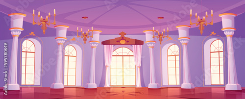 Palace room, royal castle ballroom. Luxury interior of medieval dance hall with windows, curtains, columns and gold chandeliers, vector cartoon illustration