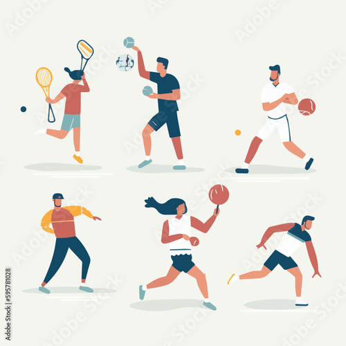 Sport people flat icons set with men and women cycling playing football and tennis isolated vector illustration