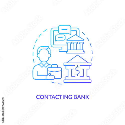 Contacting bank blue gradient concept icon. Automated clearing house process step. How ACH work abstract idea thin line illustration. Isolated outline drawing. Myriad Pro-Bold fonts used