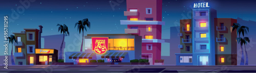 Night buildings on Miami city street with neon light and road. Cartoon illustration with retro america hotel apartment, cafe and market exterior. Town silhouette and sky with stars scenery landscape.