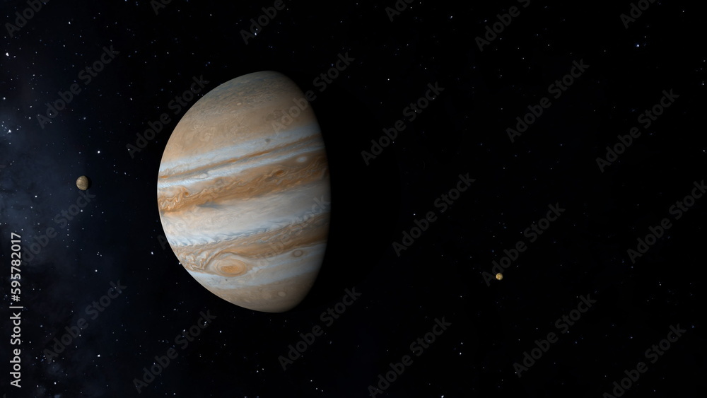 Space probe flying near Jupiter. Space exploration. 3D illustration. Space probe flying near Jupiter. Space exploration. 3D illustration.
