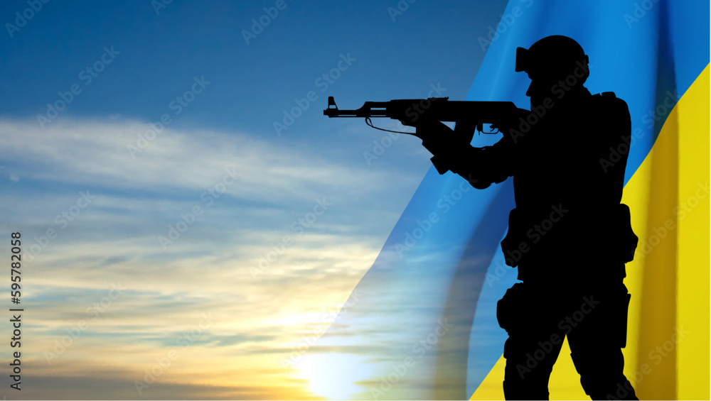Flag of Ukraine with silhouette of soldier against the sunset. EPS10 vector Flag of Ukraine with silhouette of soldier against the sunset. EPS10 vector