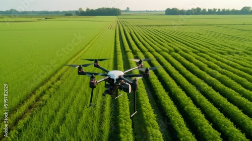 Agricultural drone flying over a lush green field, conducting precision farming with smart irrigation and remote sensing, while monitoring crop health. Digitally driven agtech future. Generative AI