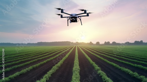 Agricultural drone flying over a lush green field, conducting precision farming with smart irrigation and remote sensing, while monitoring crop health. Digitally driven agtech future. Generative AI