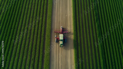 An autonomous tractor equipped with advanced agricultural robotics plows a field, using digital farming techniques like remote sensing and precision spraying. Digitally driven agtech. Generative AI