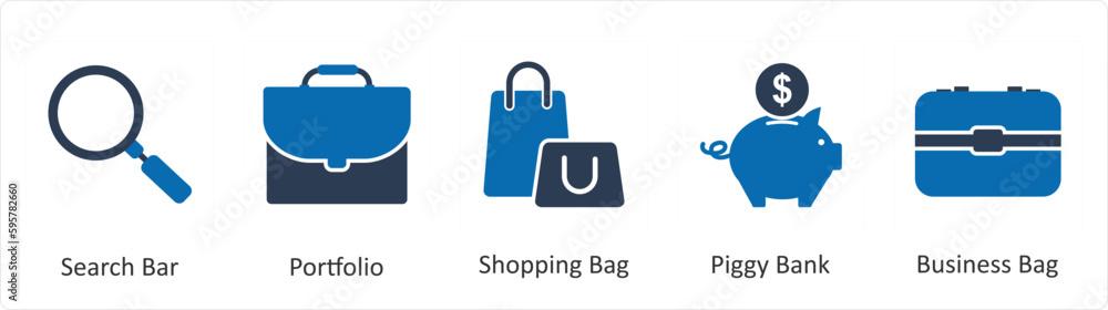 A set of 5 Mix icons as search bar, portfolio, shopping bag A set of 5 Mix icons as search bar, portfolio, shopping bag