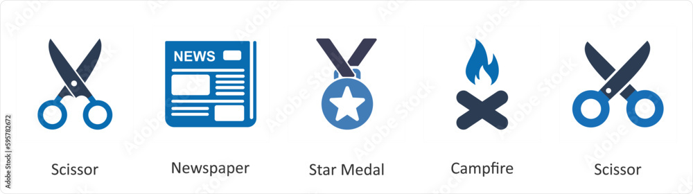 A set of 5 Mix icons as scissor, newspaper, star medal
