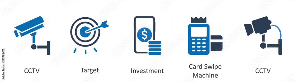 A set of 5 Mix icons as cctv, target, investment A set of 5 Mix icons as cctv, target, investment