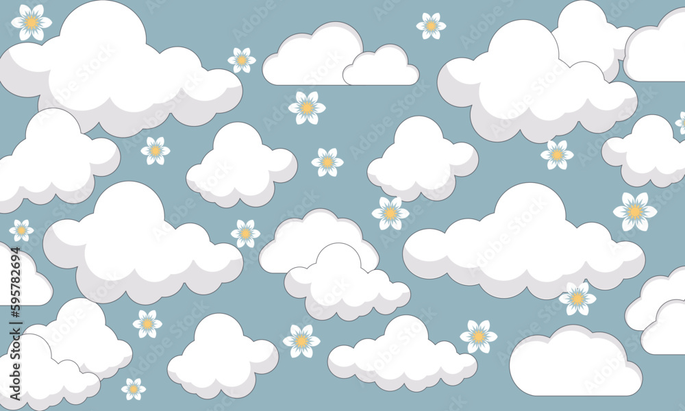 White fluffy cartoon clouds seamless pattern on light blue sky background. 