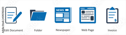 A set of 5 Mix icons as edit document, folder, newspaper