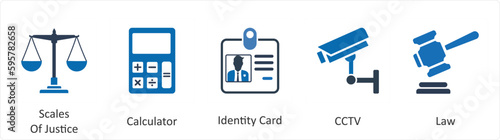 A set of 5 Mix icons as scales of justice, calculator, identity card