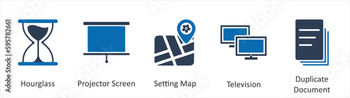 A set of 5 Mix icons as hourglass, projector screen, setting map