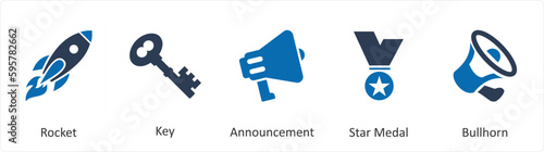 A set of 5 Mix icons as rocket, key, announcement
