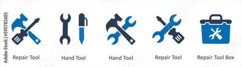 A set of 5 Mix icons as repair tool, hand tool, repair tool box