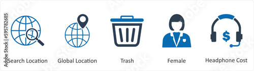 A set of 5 Mix icons as serach location, global location, trash