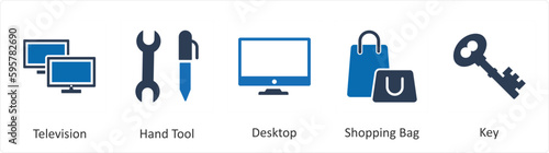 A set of 5 Mix icons as television, hand tool, desktop
